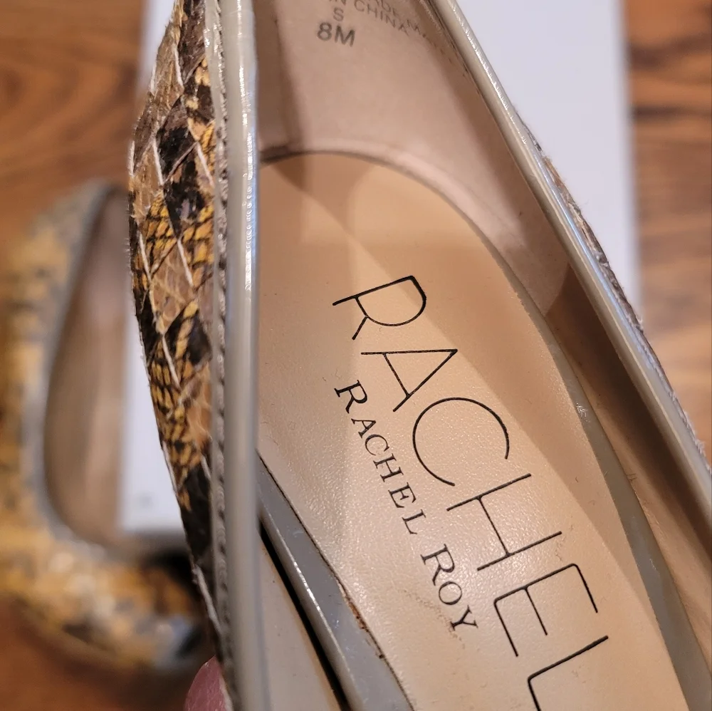 NWT Rachel Roy Snakeskin Mustard Yellow Gold Gray Taupe Tan Beige Peep Toe Heels - Picture 9 of 10